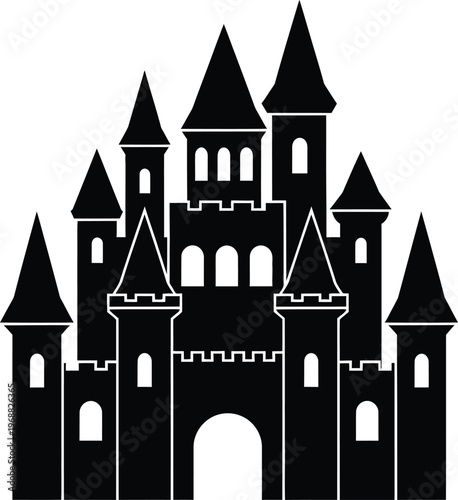 A majestic medieval castle with multiple towers and turrets on a white background