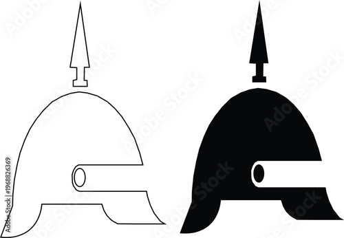 A black and white vector illustration depicting two stylized ancient or medieval helmets, One outline and other Solid black, each featuring a spike on a top and side guard.