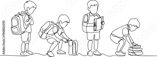 Boys getting ready to go to school. Back to school concept. one line Icon drawing