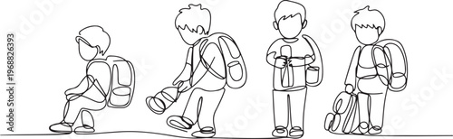 Boys getting ready to go to school. Back to school concept. one line Icon drawing