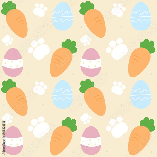 Carrots, easter eggs and bunny paws seamless pattern in orange background