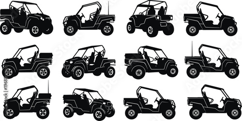 Stylized black silhouettes of off‑road utility terrain vehicles and dune buggies, creative transport illustration, minimal vector artwork concept showing recreational and utility vehicle designs