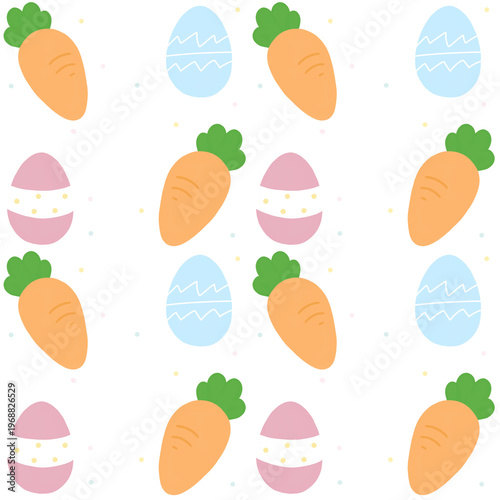 Carrots, easter eggs and bunny paws seamless pattern in transparent background
