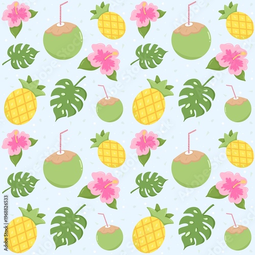 Cute tropical elements with pineapples, coconuts, flowers and leaves seamless pattern