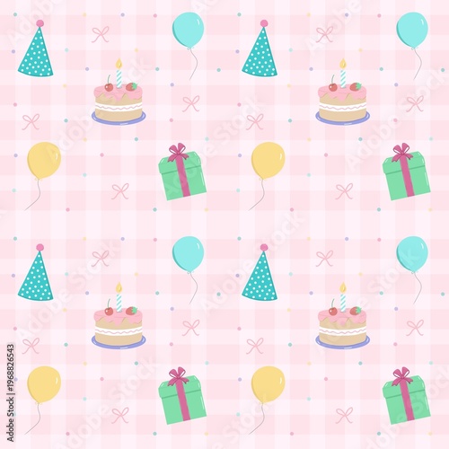 Cute birthday elements in pink background seamless pattern