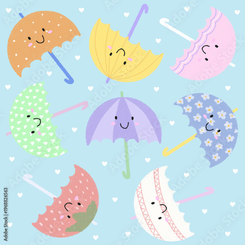 Cute colorful umbrellas in blue background seamless pattern