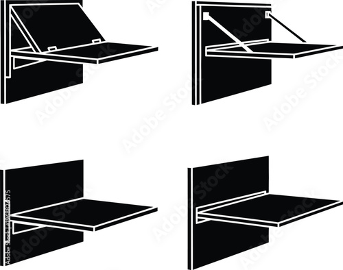 Wall Mounted Folding Table and Desk Icons Set, Space Saving Furniture Vector Art, Minimalist Design