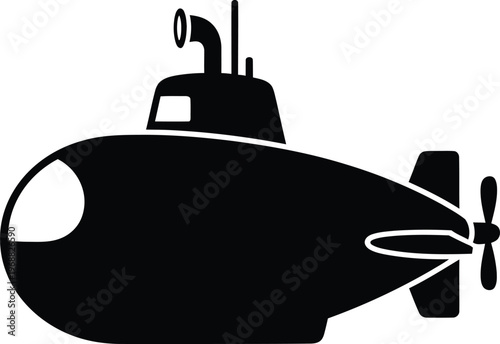 Black silhouette of a submarine with propellers and conning tower on a white background