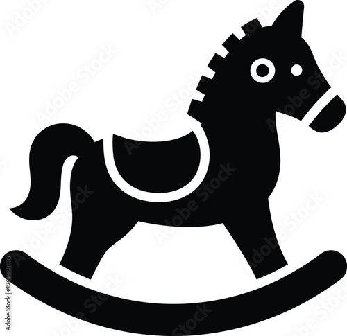 A black silhouette of a rocking horse toy with a saddle and curved base on a white background
