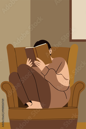 Flat artwork of a Cozy Person Curled Up in Armchair Reading a Book for Home Hobby and Relaxation