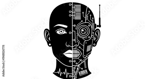 A black and white illustration of a humanoid robot isolated on transparent background, isolated on white background, Vector