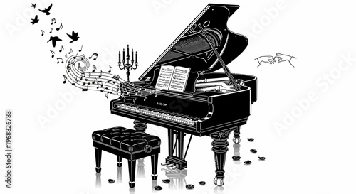 A black and white drawing of a piano with music notes and birds flying around isolated on transparent background, isolated on white background, Vector