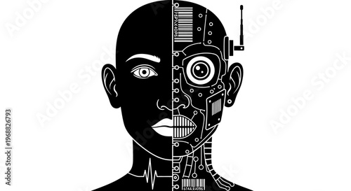 A black and white illustration of a humanoid robot with a barcode on its face isolated on transparent background, isolated on white background, Vector