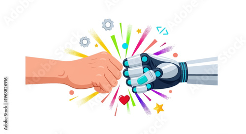 Human hand and robotic hand shaking with colorful symbols around isolated on transparent background, isolated on white background, Vector