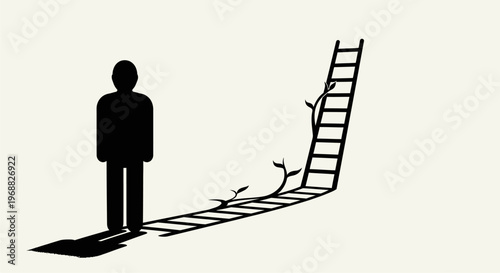 Man standing before broken ladder.