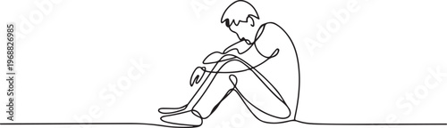 A starving homeless man on the street. Homeless one-line drawing. one line Icon drawing