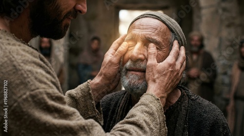 Jesus Christ healing blind man by touching his eyes. Biblical miracle scene of faith and divine compassion. Religious story of hope, spiritual grace and restoration for Christian devotion.