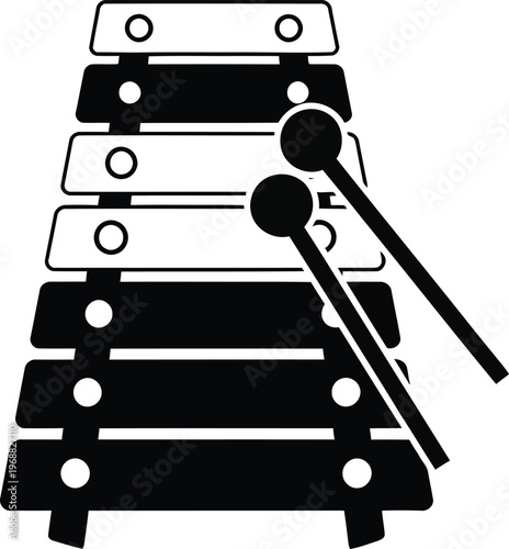 A black and white image of a xylophone with a mallet