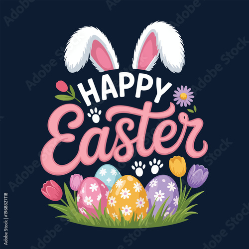 Cute Easter Bunny with Colorful Eggs Flat Vector Illustration for poster, T-Shirt Design, Apparel and Print-on-Demand