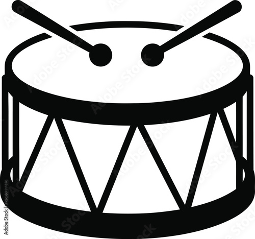 A simple black and white illustration of a drum with drumsticks