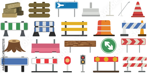 Traffic Barrier Vector Set, Cones Roadblocks Barricades and Safety Signs, Construction Road Safety Urban Planning, Infrastructure Transportation Public Safety Symbol Collection Pack Kit