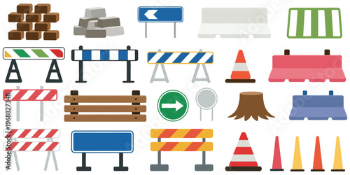 Traffic Barrier Vector Set, Cones Roadblocks Barricades and Safety Signs, Construction Road Safety Urban Planning, Infrastructure Transportation Public Safety Symbol Collection Pack Kit