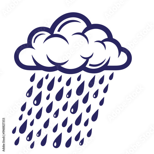 Dark blue outline of a fluffy cumulus cloud with heavy rain falling in diagonal droplets isolated on a white background