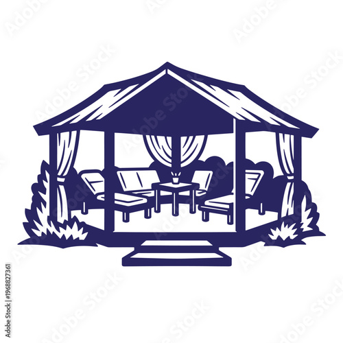 Dark blue silhouette of a backyard gazebo featuring lounge chairs a small table and draped curtains surrounded by garden foliage on a white background