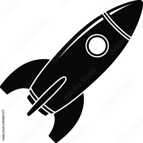 A simple black and white illustration of a rocket ship blasting off into space with a round window and fins