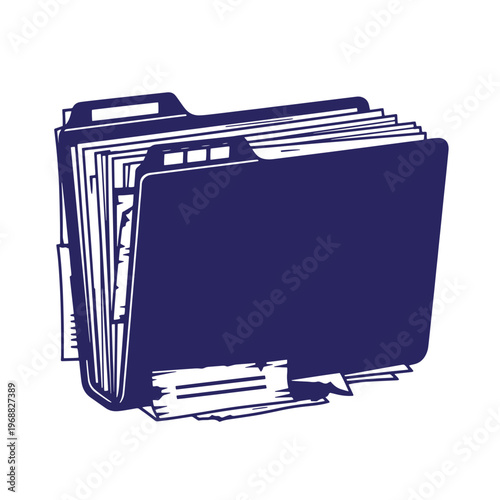 Dark blue silhouette of an overstuffed office file folder filled with overflowing paper documents and disorganized paperwork isolated on a white background