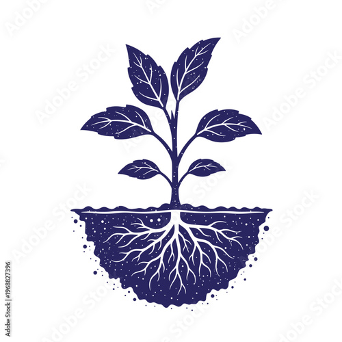 Dark blue silhouette of a young plant with visible roots growing in a cross section of soil isolated on a white background with a grainy texture