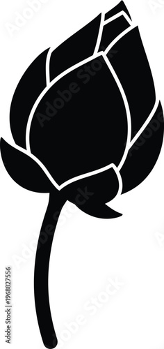 A black and white illustration of a hop cone on a stem