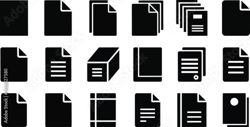 Collection of black document icons representing files reports and paperwork in various formats
