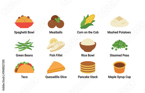 A hot lunch menu with spaghetti bowl, meatballs, corn on the cob, mashed potatoes, green beans, fish fillet, rice bowl, steamed