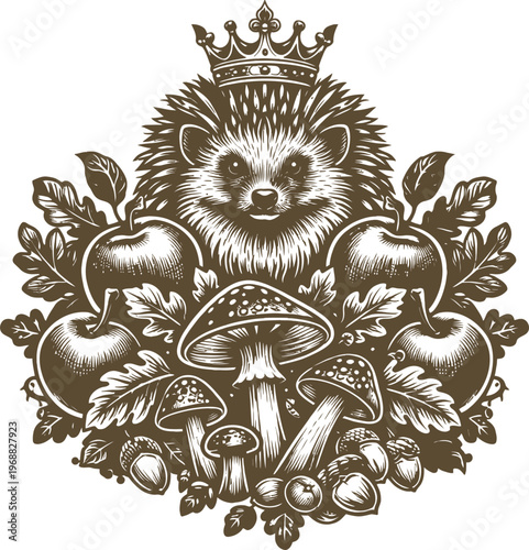 Royal Hedgehog Mushroom Apple Forest Gold Art