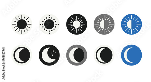 Illustrations of celestial phases including sun, moon, and eclipse variations Vector