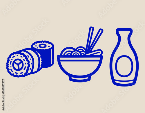 Japanese Cuisine Vector Icon Set featuring Sushi Rolls Ramen Noodle Bowl and Sake Bottle Blue Line Art