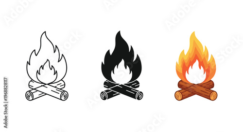 Three stylized depictions of campfires with varying levels of flame intensity and detail Vector