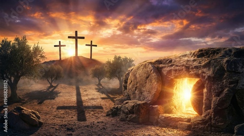 Jesus Christ empty tomb with light at dawn and three crosses on hill. Resurrection of Christ, biblical landscape of Calvary. Christian gospel symbol of hope, faith and redemption.