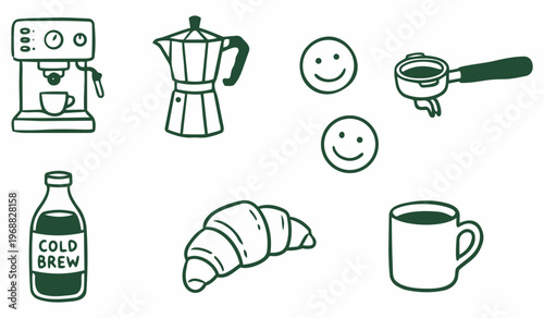 Coffee Delights Illustration: A charming illustration depicts the essence of coffee culture, featuring an array of coffee-related items with cheerful smiley faces.