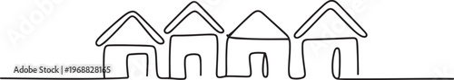 A village with four houses. Village. one line Icon drawing
