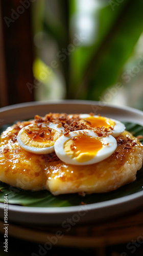 Delicious dessert with boiled eggs and sweet sauce on green plate  