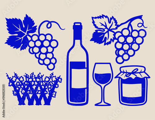 Wine and Vineyard Vector Icon Set with Grapes Bottle Glass and Jam Jar Line Art