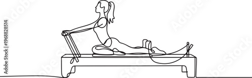 Woman doing pilates using pilates reformer. Pilates concept. one line Icon drawing