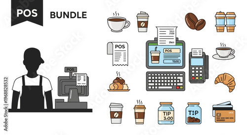 Coffee Shop Point of Sale System with Barista and Beverage Icons on Bright Studio Background