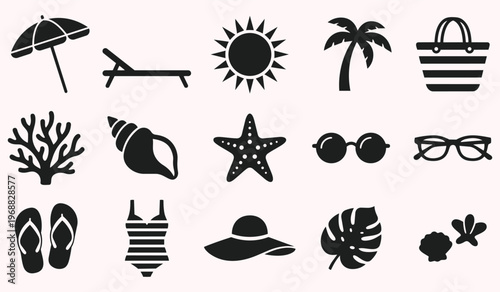 Summer Icons: A collection of summer icons representing beach life, sun protection and vacation leisure.