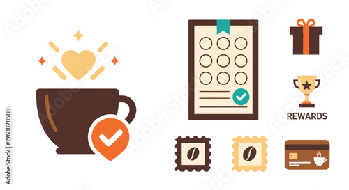 Coffee Shop Loyalty Program Icons Set with Rewards, Checkmark Cup, Heart, and Gift Box, Isolated White Background
