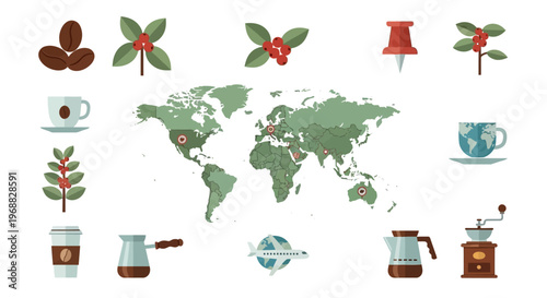 Global Coffee Culture Concept with World Map and Related Icons Like Beans, Plant, and Brewing Equipment, Light Beige Background