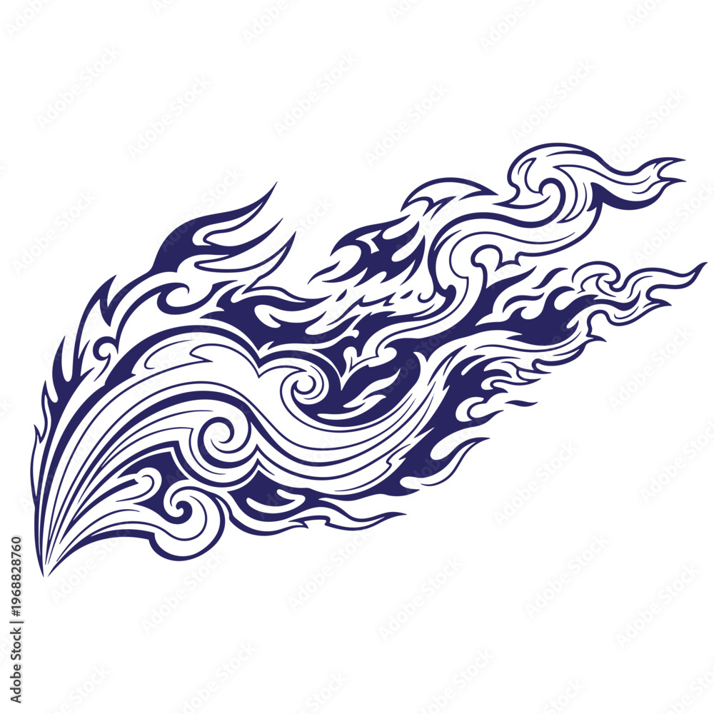 Fototapeta premium Dark blue tribal flame with flowing curved lines and sharp pointed edges isolated on a white background