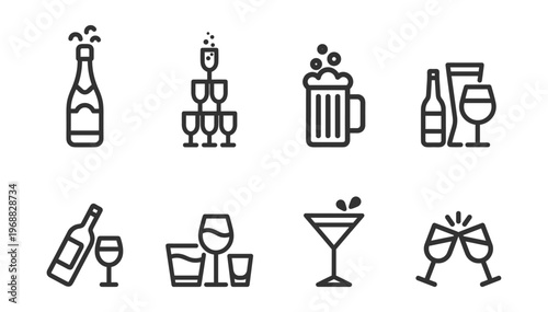 set of drink and alcohol icons including champagne bottle, stacked champagne glasses, beer mug, assorted glassware, cocktail glass and clinking glasses on transparent background